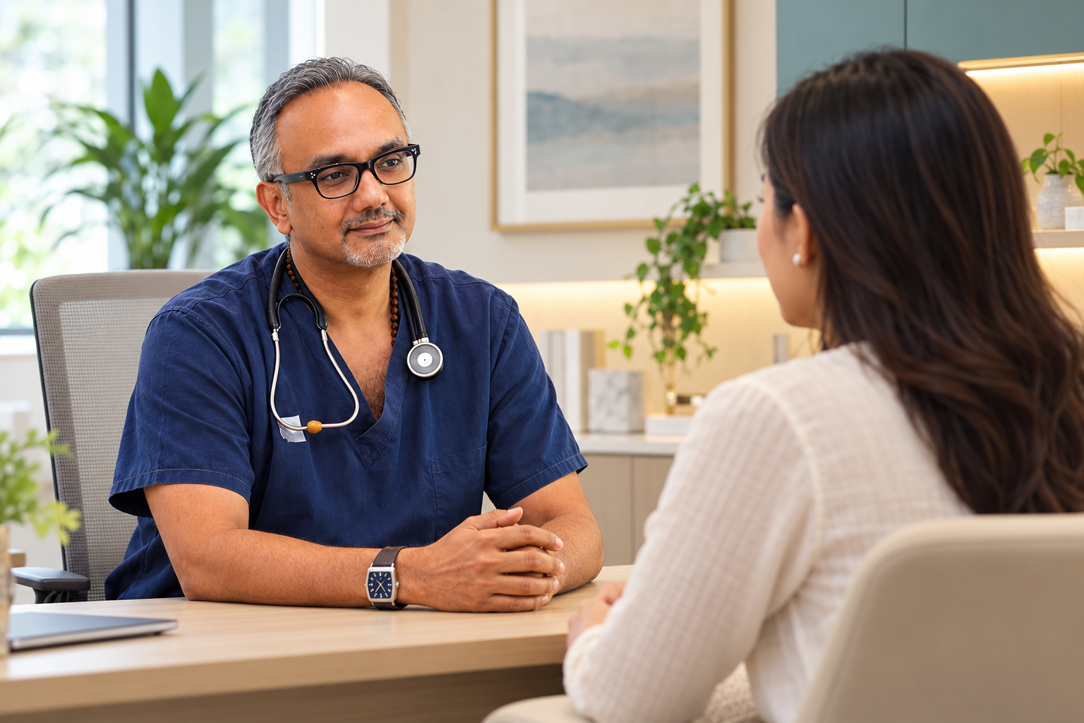 Illustrative consultation scene featuring Dr Ruban speaking with an adult patient
