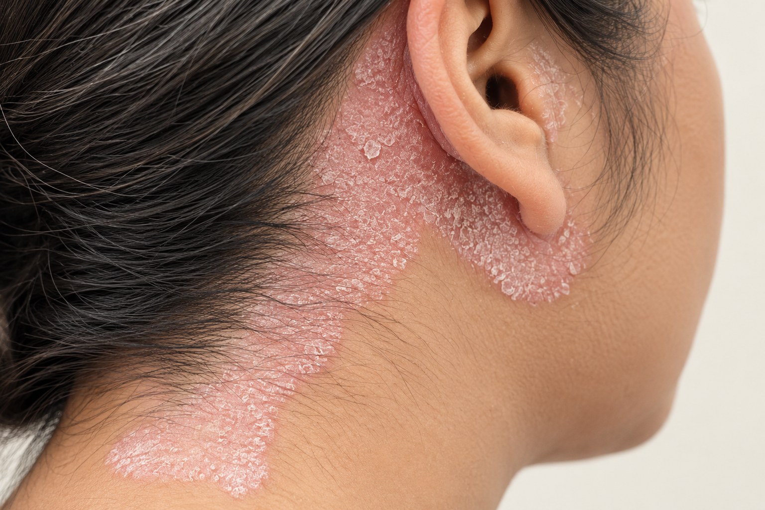 Scaly plaques behind the ear and along the hairline — illustrative image